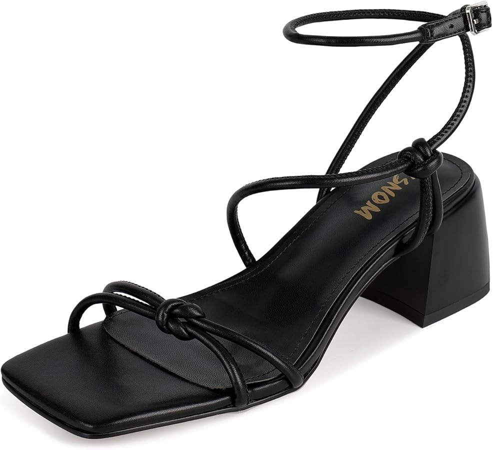 ISNOM Chunky Heels for Women, Sandals with Ankle Strap, Square Open Toe and Block Heel for Weddin... | Amazon (US)