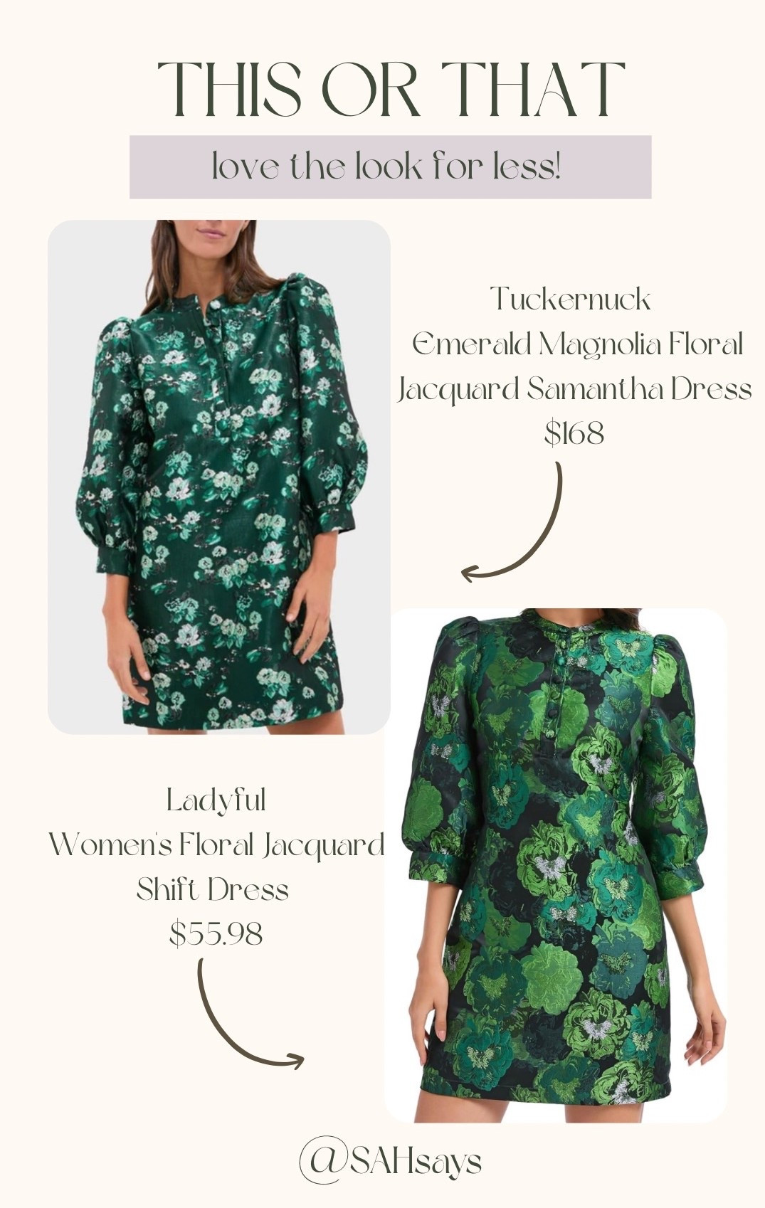 This or that? Love the looks for less! 

The Samantha dress in emerald magnolia from Tuckernuck is beautiful, but this Amazon find has the same beautiful fit while being better on the budget  