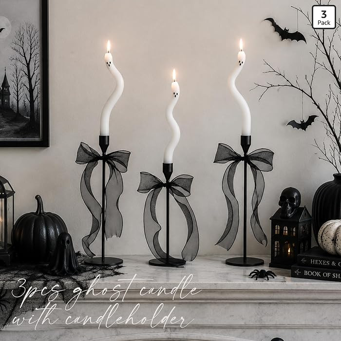 Halloween Decorations indoor-3Pcs Twisting Ghost Candles Decor with Candle Holders,Ribbons,Vintag... | Amazon (US)