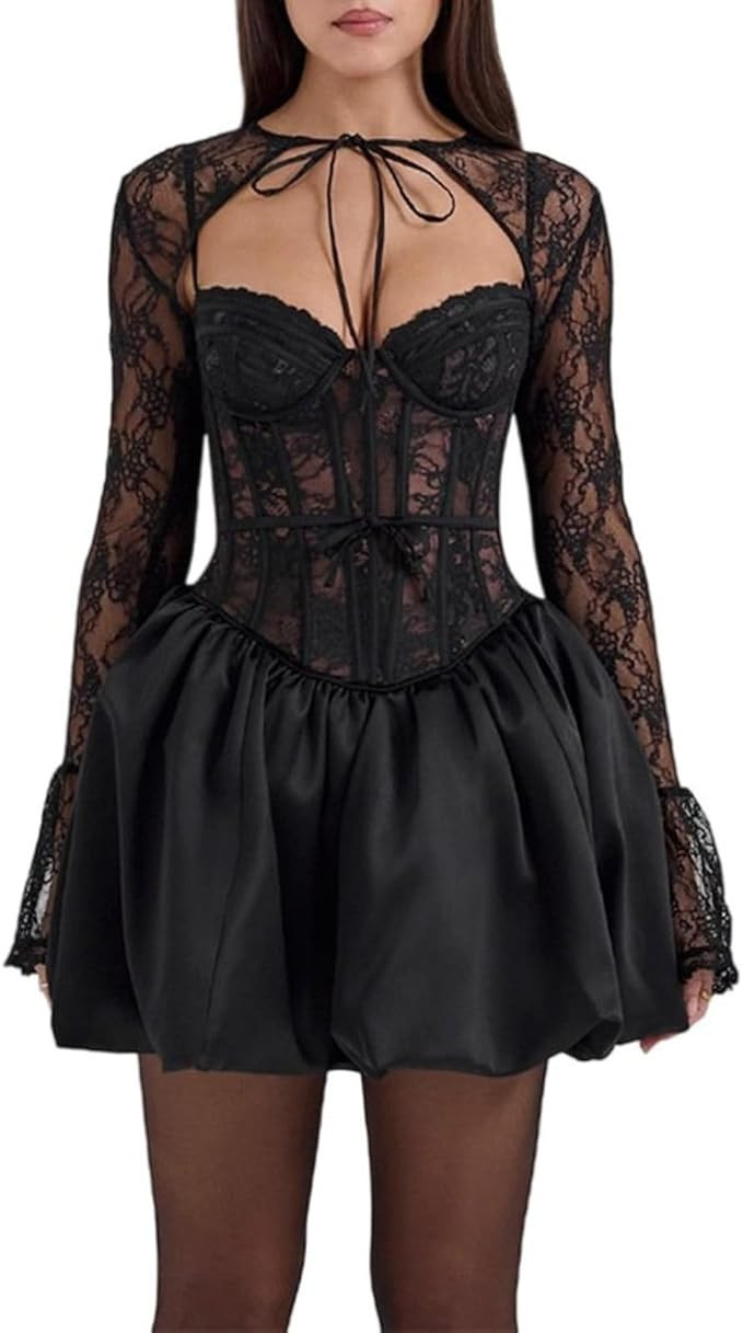 Women's Sexy Lace Dress Long Sleeve Slim Fit Lace Up Patchwork Short Dress Party Club Night Out M... | Amazon (US)