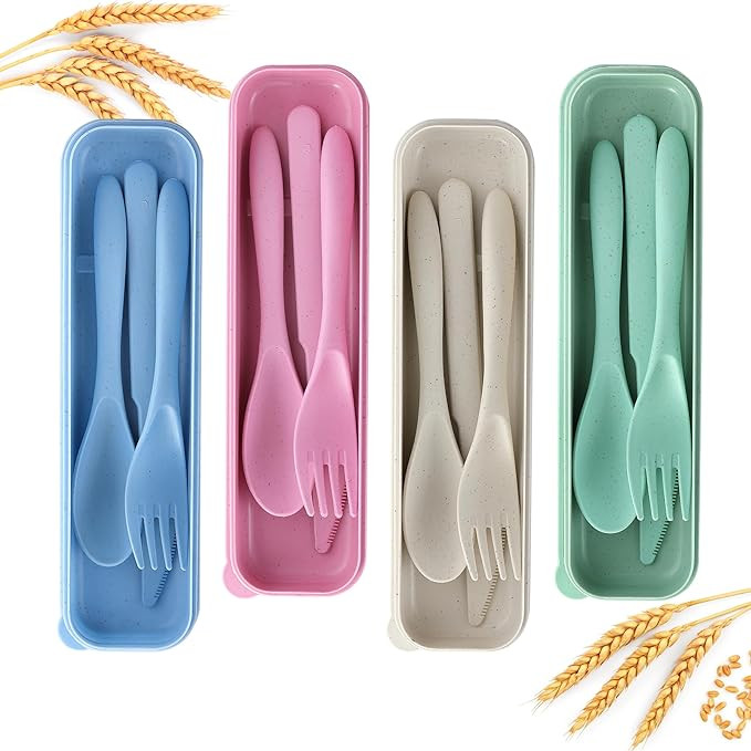 Reusable Travel Utensils Set with Case, 4 Pack Reusable Wheat Straw Portable Utensils Set with Ca... | Amazon (US)