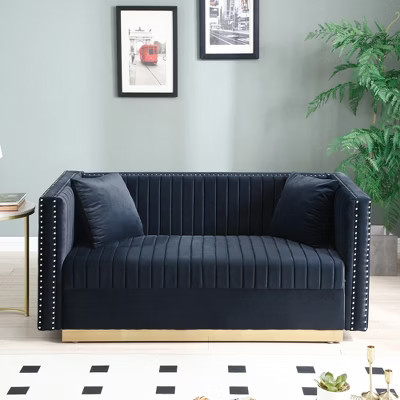 Velvet Loveseat 2-Seater Sofa Upholstered Couch with 2 Pillows, Nailhead Trimming & Low Back, Black - ModernLuxe | Target