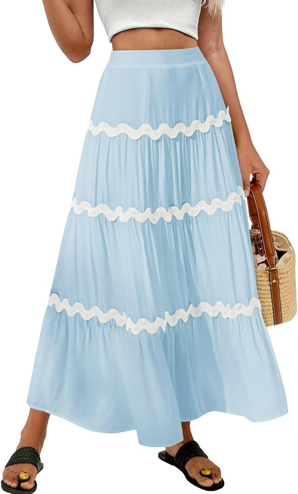 MIHOLL Women's Boho Maxi Skirt Long Summer Elastic High Waist A-Line Flowy Swing Casual Tiered Be... | Amazon (US)