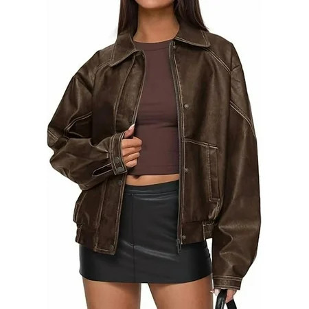 PRETTYGARDEN Faux Leather Jacket Women Bomber Motorcycle Zip Up Jackets Oversized Fall Fashion Outfits Winter Coats | Walmart (US)