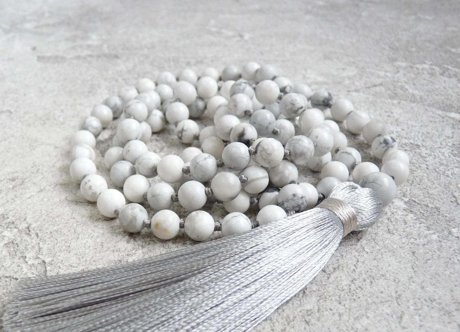 Howlite Mala, 108 Mala Necklaces, 6mm Mala Beads, White Mala, Gray Mala, Hand Knotted, Grey Tasse... | Etsy (US)