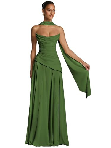 HIZWI Women's Chiffon Olive Green Wedding Guest Dress 2026 Elegant A-line Cowl Neck Bridesmaid Dress with Scarf US Size 10 | Amazon (US)