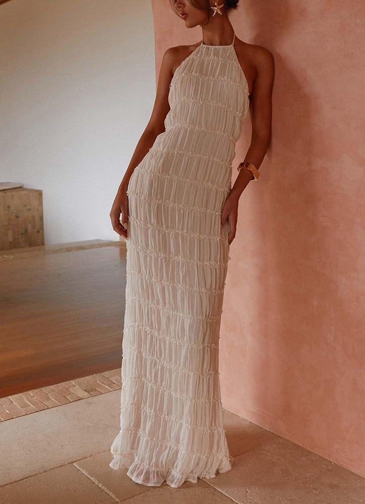 Women's Backless Smocked Maxi Dress Sexy Spaghetti Strap Cut Out Flowy Beach Long Dress Vacation ... | Amazon (CA)