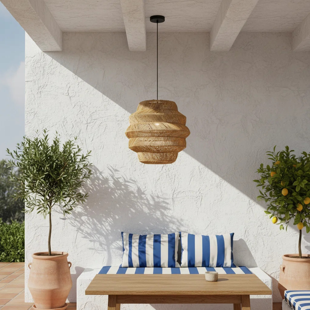 East Urban Home 1-Light Wicker Outdoor Pendant, Coastal Boho Tiered Drum - Handwoven | Wayfair | Wayfair North America