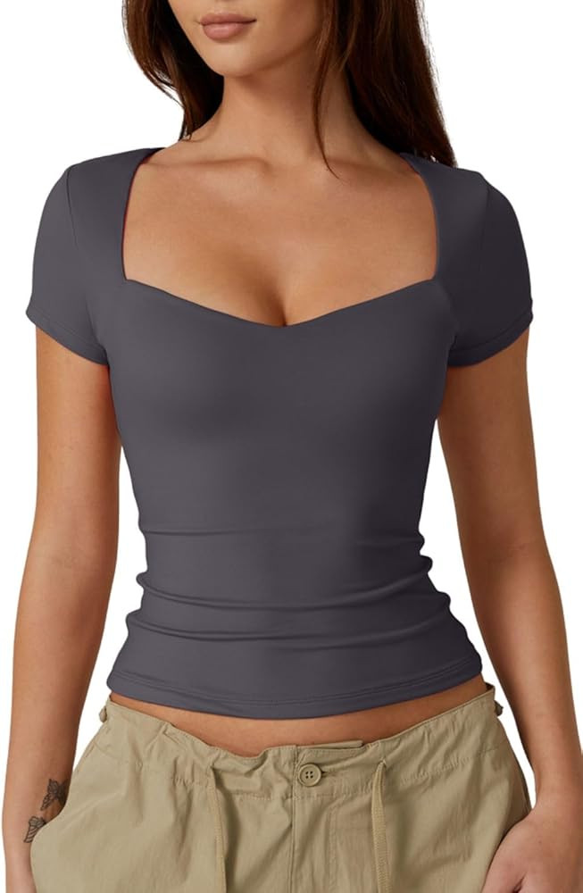 QINSEN Womens Sweetheart Neck Short Sleeve T Shirts Slim Fit Basic Tee Trendy Crop Top | Amazon (US)