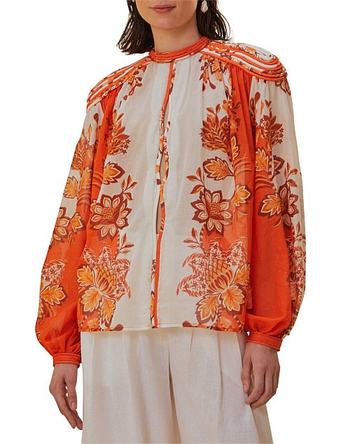Farm Rio Aura Orange Piping Details Long Sleeve Blouse | David Jones | David Jones (Australia & New Zealand)