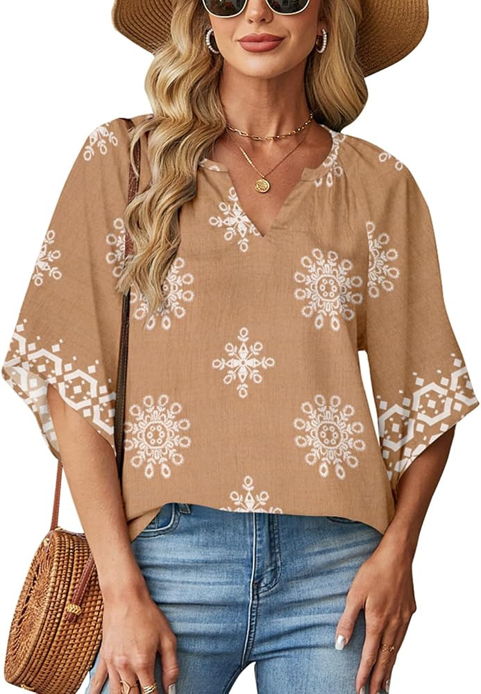 Poetsky Women's Casual V Neck 3/4 Sleeve Blouses Bohemian Print Shirts Loose Fit Tunic Tops S-3XL | Amazon (US)