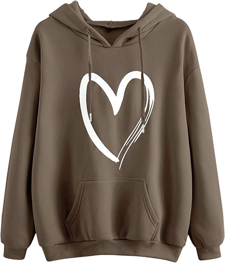 SweatyRocks Women's Casual Heart Print Long Sleeve Pullover Hoodie Sweatshirt Tops | Amazon (US)