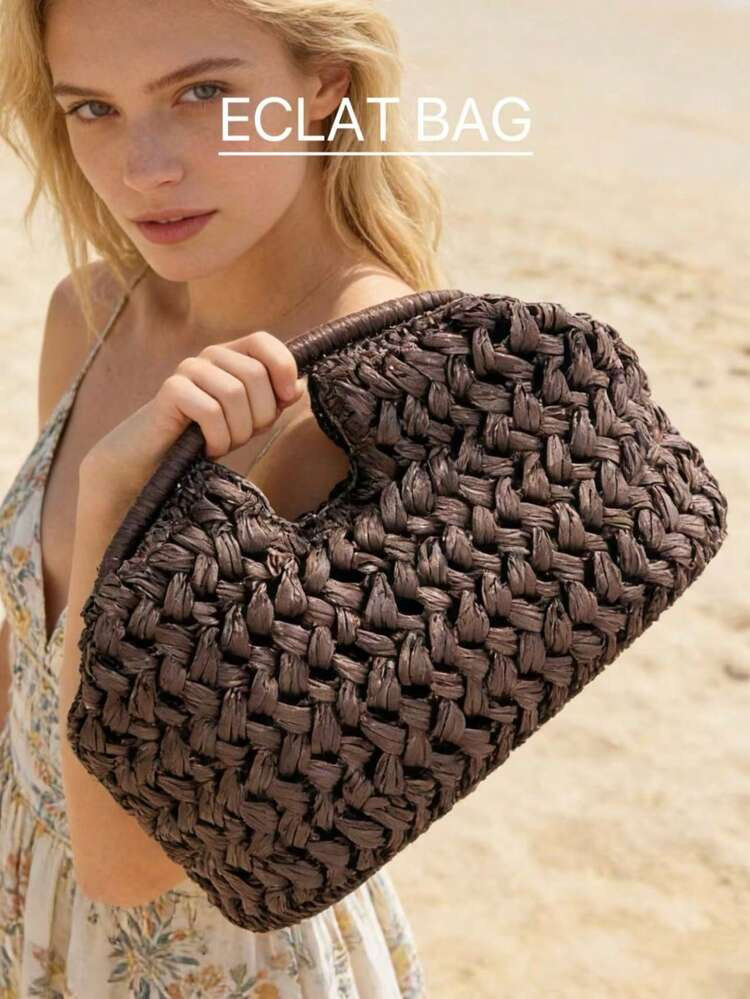 2025 New Natural Fiber Clutch, Handwoven Raffia Summer Beach Bag, Brown Color, For Women | SHEIN