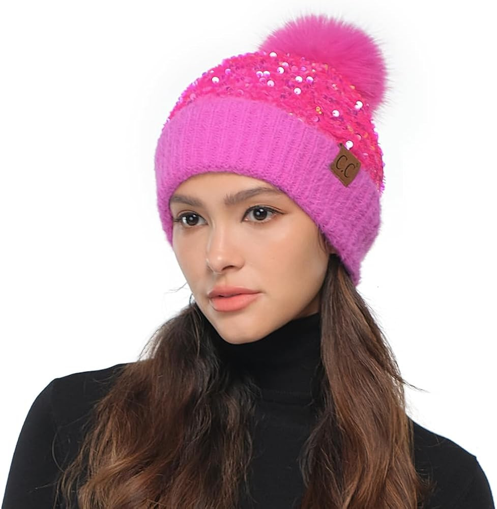 C.C Sequin Pom Beanie for Women - Acrylic Stretchable Soft Warm Knit Winter Skully Hat with Yarn ... | Amazon (US)