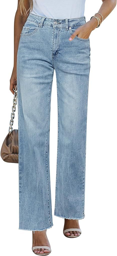 GRAPENT Straight Leg Jeans for Women High Waisted Stretchy Frayed Raw Hem Loose Denim... | Amazon (US)