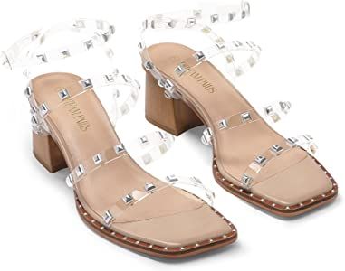 DREAM PAIRS Clear Studded Rhinestone Heels for Women Sexy Chunky Block Square Toe Heels Wedding S... | Amazon (US)