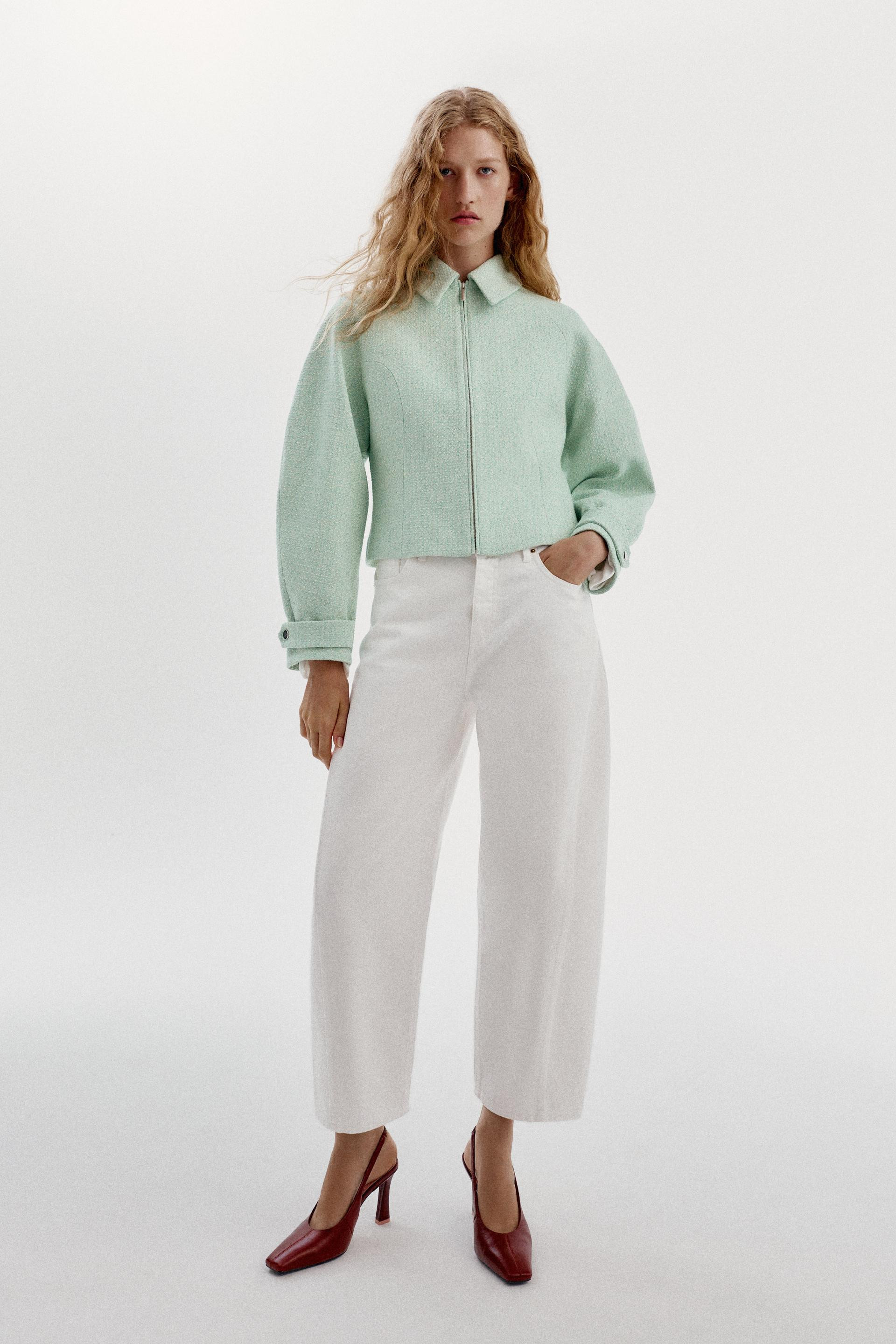 Zara - Textured Zip Jacket - Ecru / Green - Xl - Woman | Zara US