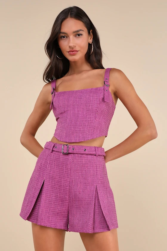 Bold Cutie Purple Tweed Buckle Strap Crop Tank Top | Lulus