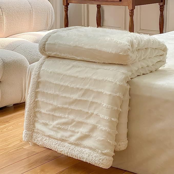 Sherpa Throw Blanket for Couch,Bed - Fleece Soft Cozy Blanket with Woven Tassel,Off White Decorat... | Amazon (US)