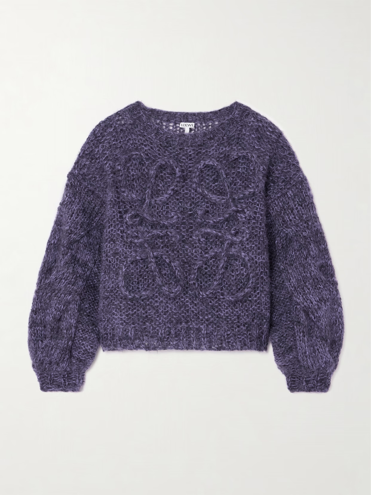 LOEWE - Anagram Embroidered Cable-knit Mohair-blend Sweater - Purple | NET-A-PORTER (US)