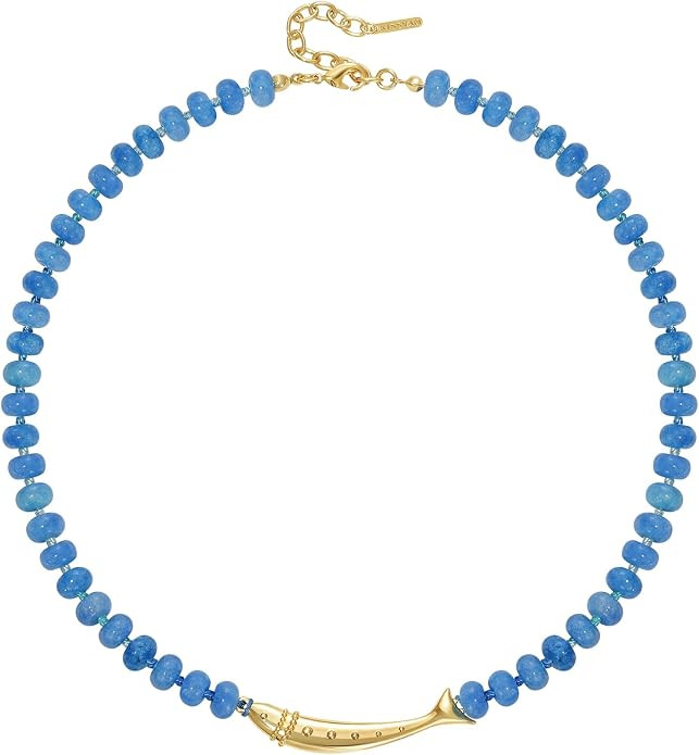 KissYan Beaded Gemstone Necklace for Women, 14K Gold Plated Fish Charm Blue Bead Choker, Natural ... | Amazon (US)