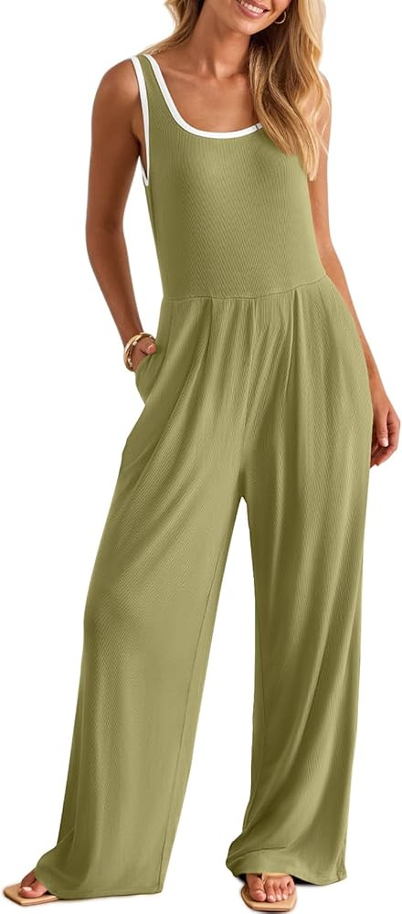 MEROKEETY Women's Summer Casual Sleeveless Jumpsuits Ribbed Knit One Piece Scoop Neck Wide Leg Ro... | Amazon (US)