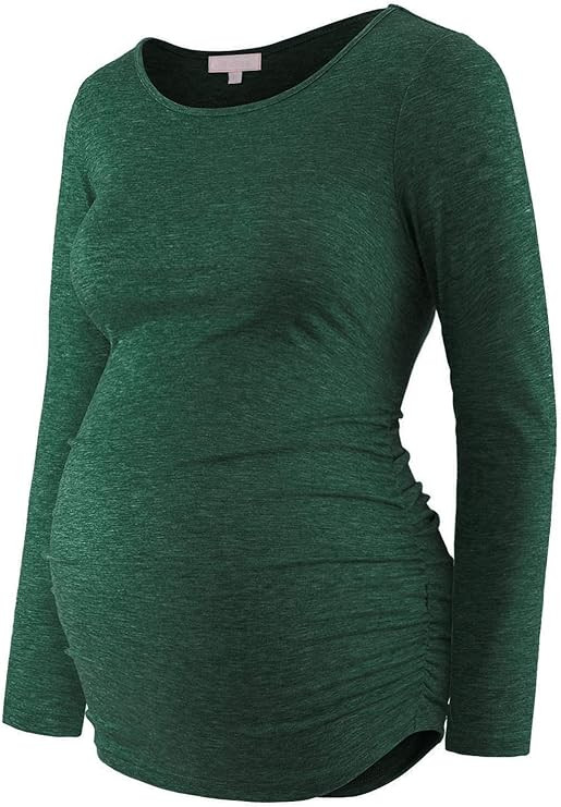 Maternity Shirt Long Sleeve Basic Top Ruch Sides Bodycon Tshirt for Pregnant Women | Amazon (US)