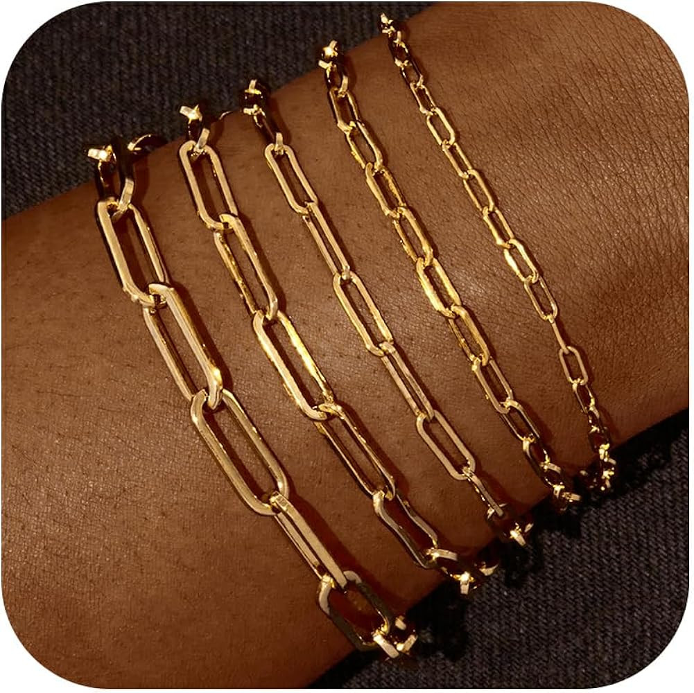 7pc Gold Bracelets for Women, 14K Real Gold Dainty Layered Cuban Link Paperclip Chain Herribone B... | Amazon (US)