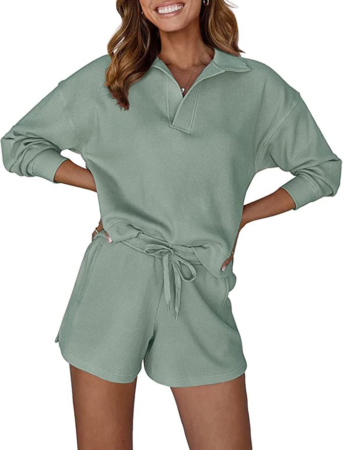 MEROKEETY Women's 2 Piece Waffle Knit Lounge Sets Long Sleeve Shorts Outfits Pjs with Pockets | Amazon (US)