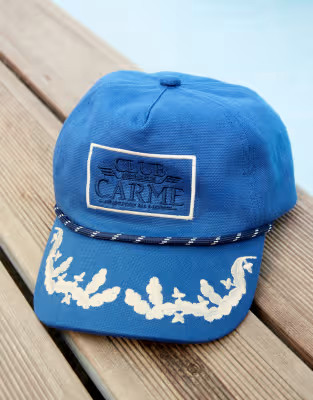 ASOS DESIGN club carme baroque embroidered cap with rope detail in navy | ASOS | ASOS (Global)