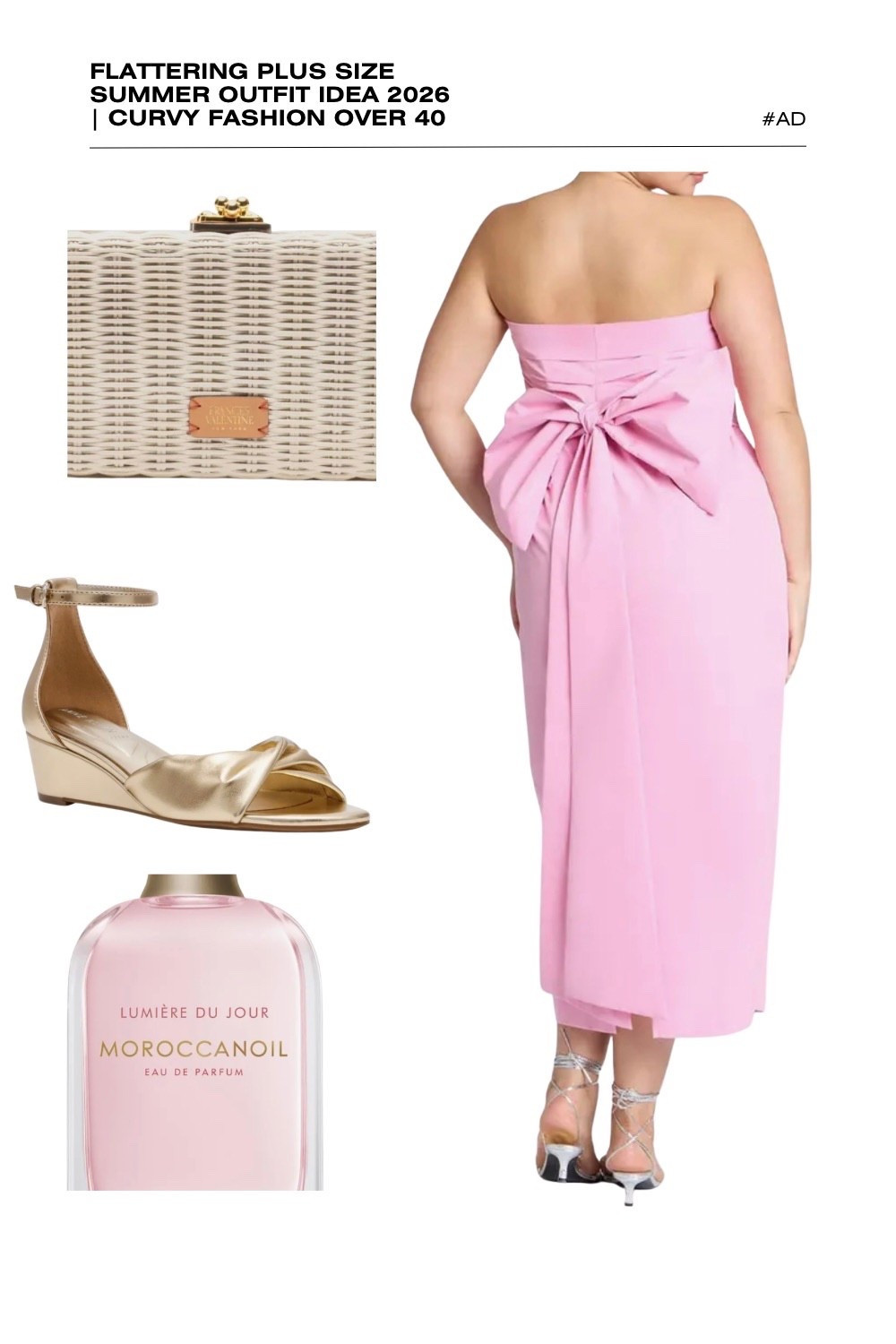 Make an unforgettable entrance with this dreamy pink plus size summer evening outfit for 2026! This flattering strapless maxi dress is a showstopper for curvy fashion over 40, featuring a sleek column silhouette and a dramatic, oversized bow detail on the back. It’s the ultimate choice for a summer wedding guest, formal gala, or an upscale garden party.
We’ve styled this elegant bubblegum pink dress with a structured white wicker clutch for a sophisticated summer touch and paired it with gold metallic ankle-strap wedge sandals. The look is finished with the radiant, sun-soaked scent of Moroccanoil Lumière du Jour. Discover how to wear bold pinks and dramatic bows for an elevated curvy look. #PlusSizeFashion #PinkMaxiDress #BowDress #SummerWeddingGuest #CurvyStyle2026 #MoroccanoilFragrance #CoquetteAesthetic