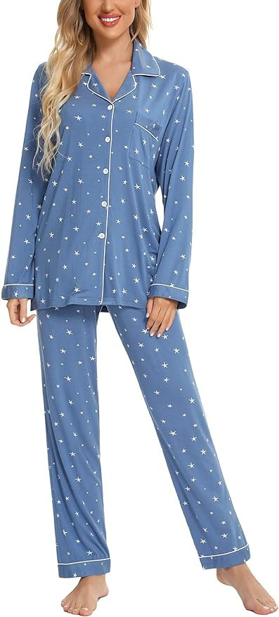 Anjue Pajamas for Women Soft Button Up Pajama Set Long Sleeve Shirt and Pajama Pants Lounge Sets ... | Amazon (US)