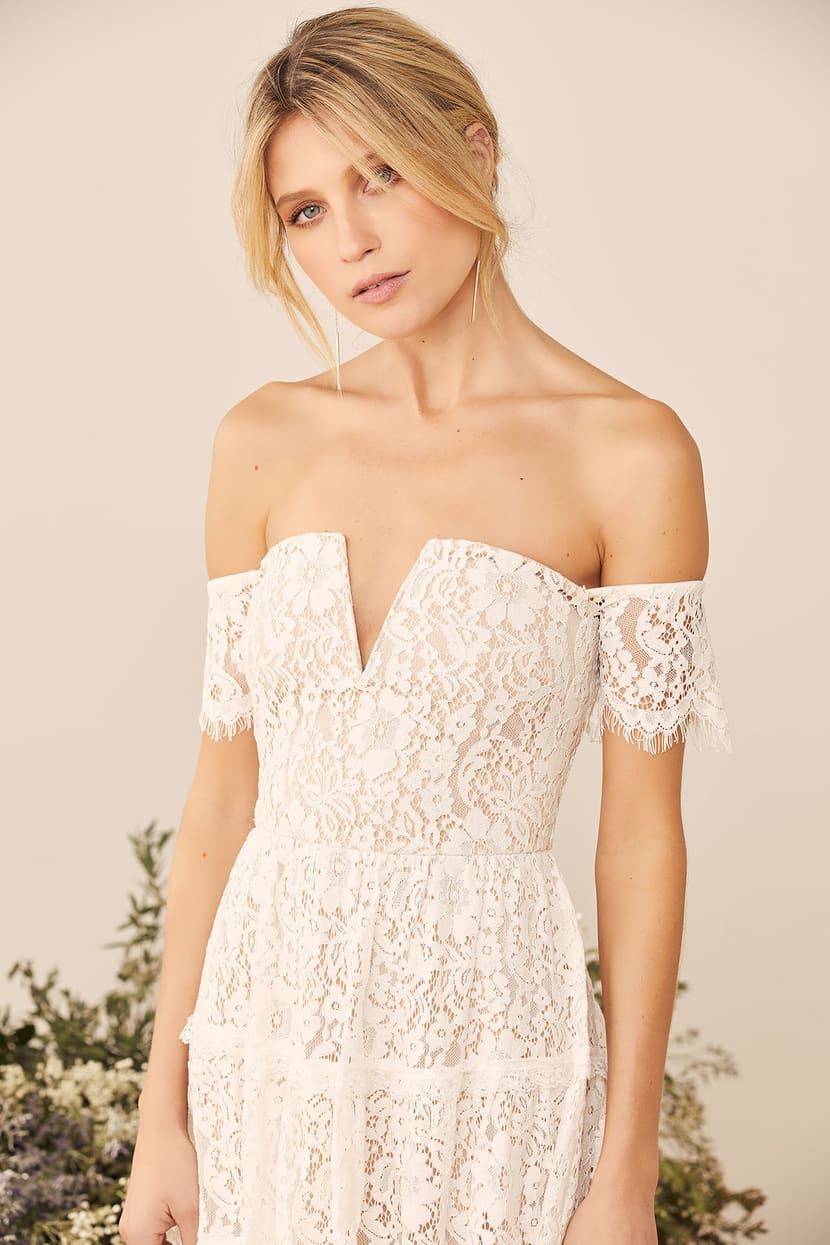 Absolutely Stunning White Lace Off-the-Shoulder Midi Dress | Lulus (US)