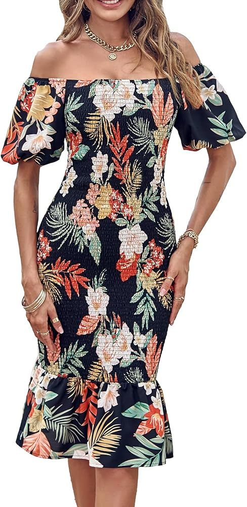 PRETTYGARDEN Women's Summer Floral Midi Bodycon Dresses Short Puff Sleeve Square Neck Ruffle Hem ... | Amazon (US)