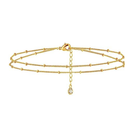 Fettero 14K Gold Bracelet for Women Gold Plated Bracelet Dainty Chain Gold Beaded Bracelet Paperclip/Curb/Figaro/Satellite Chain Adjustable Bracelet Jewelry -Satellite 2 Layer | Amazon (US)