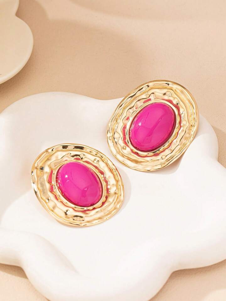 1pair Geometric Textured Oval Shape Inlaid Oval Pearl Vintage Elegant Ear Studs Earrings For Wome... | SHEIN