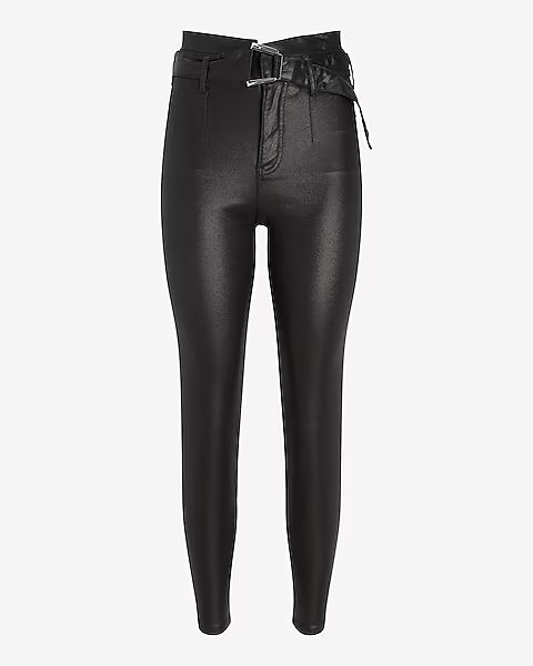 Super High Waisted Belted Black Coated Slim Jeans | Express