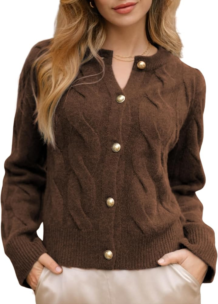 Womens Casual Short Cardigan Sweaters Crewneck Cable Knit Tops Button Down Chunky Knitwear | Amazon (US)