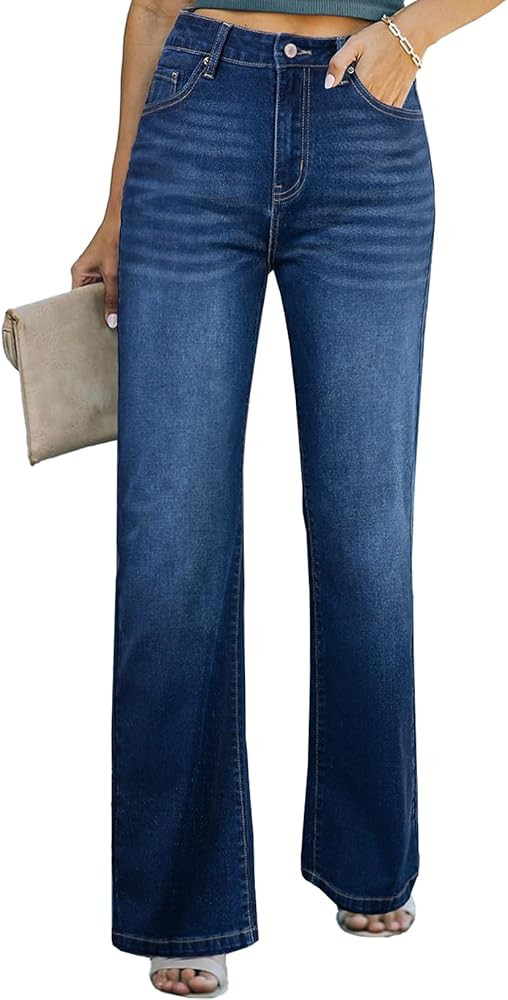 Sidefeel Women's Wide Leg Jeans Casual High Waisted Straight Stretch Denim Pants with Pockets | Amazon (US)
