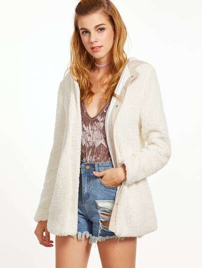 White Button Up Fluffy Fleece Hooded Jacket | SHEIN