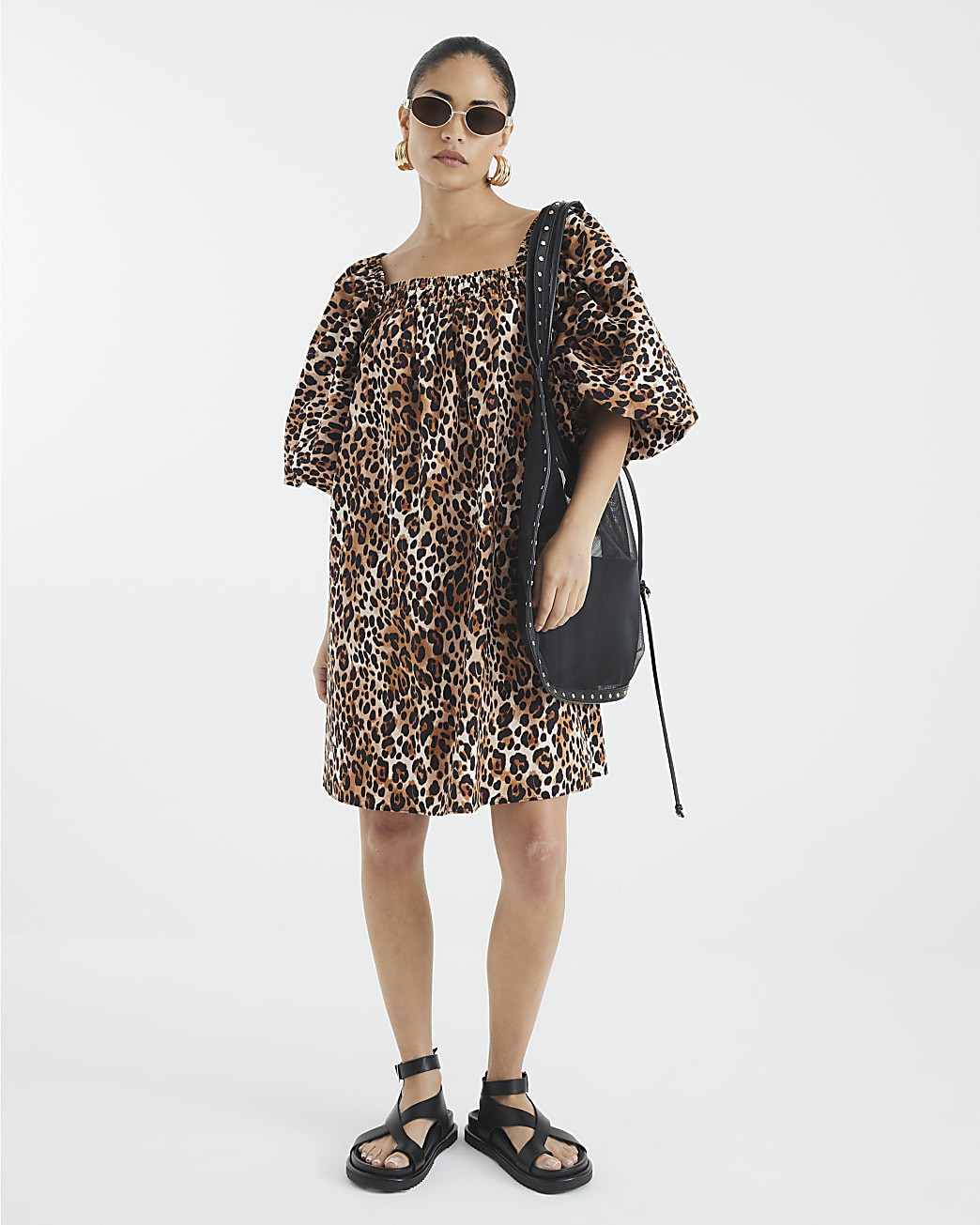 Petite Brown Puff Sleeve Leopard Mini Dress | River Island UK & IE