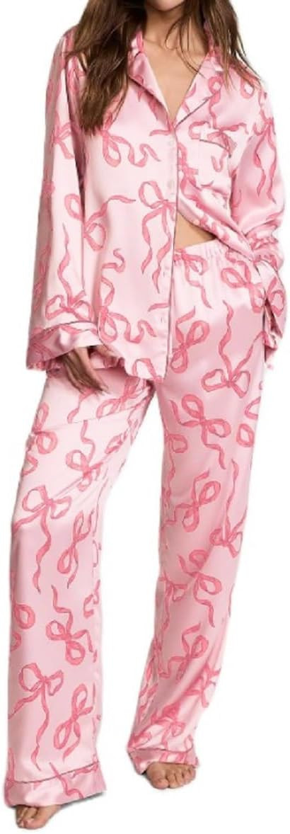 Argeousgor Women Valentine's Day Silk Satin Pajamas Set Button Down Shirt Pants Cute Heart Print ... | Amazon (US)