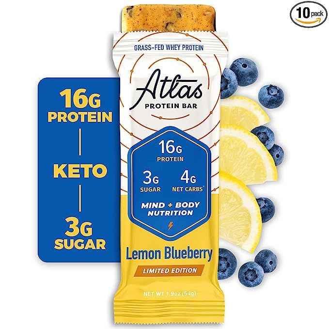 Atlas Mind + Body Keto Protein Bar - Lemon Blueberry Keto Bars - Low Carb Protein Bars - High Fib... | Amazon (US)