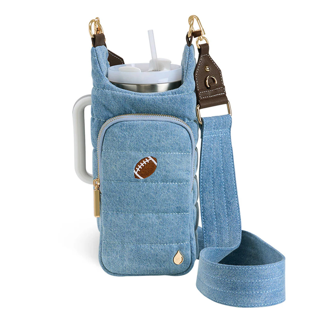 HydroBag® HANDLE™- Football Embroidery on Denim with Gold Hardware | WanderFull 