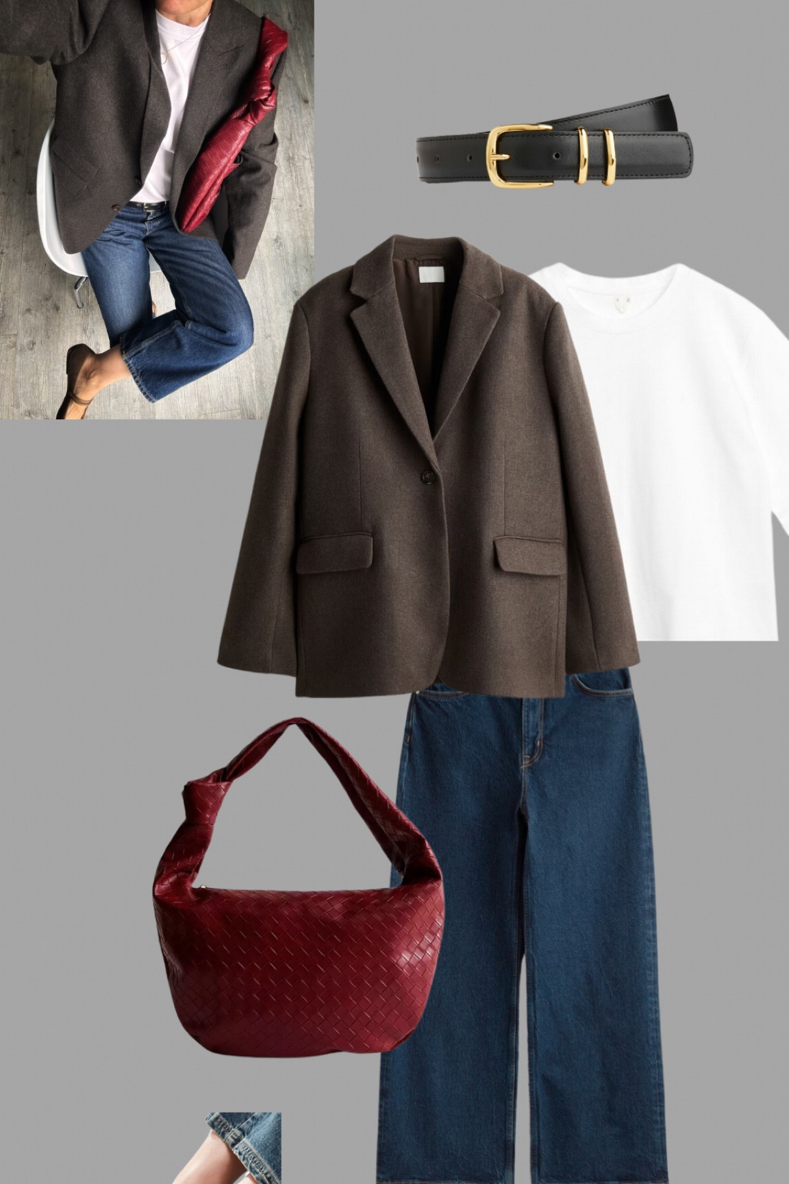 Brown blazer for the autumn textures with dark denim and burgundy to update the look.

#LTKeurope #LTKover50style #LTKautumn