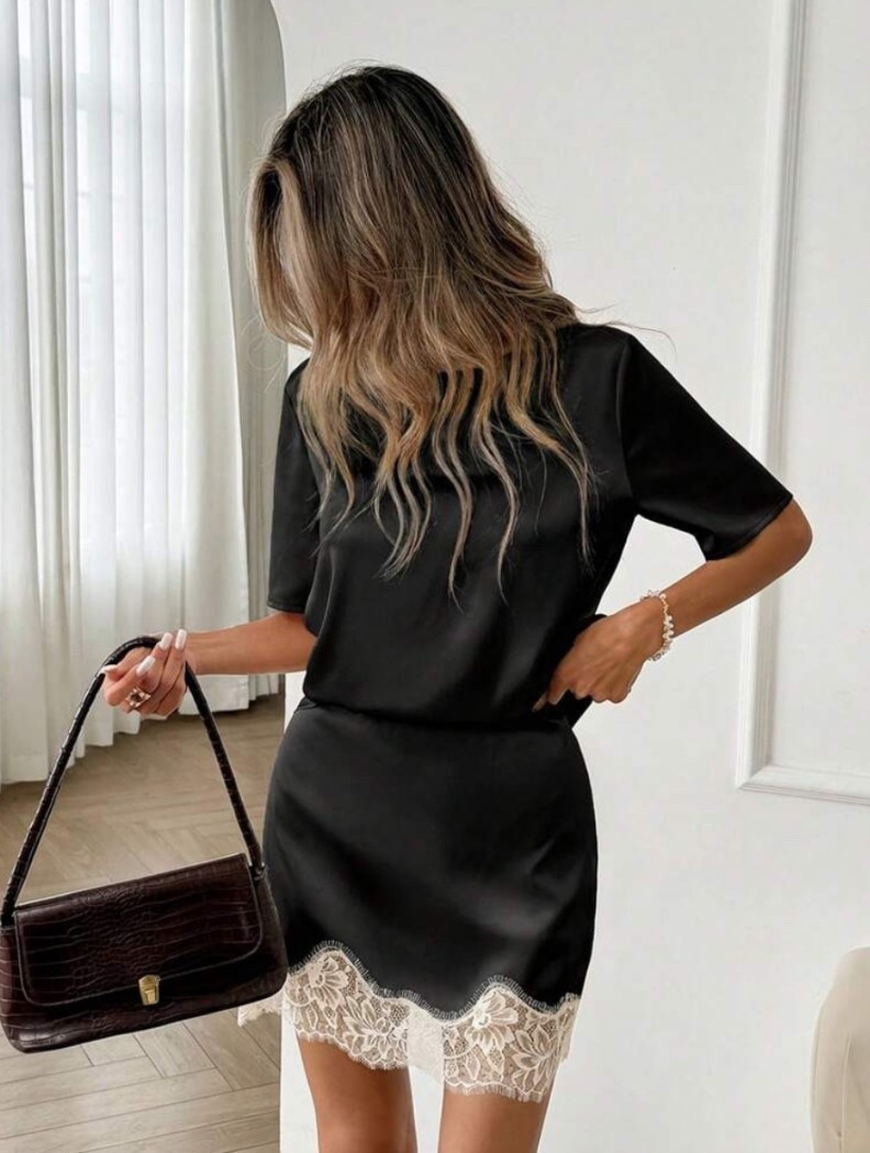 Crew Neck T-Shirt Top And Lace Patchwork A-Line Skirt Set, Silk Satin And Lace Patchwork Casual Loose Elegant Office Lady Style, Spring/Summer Women 2-Piece Set