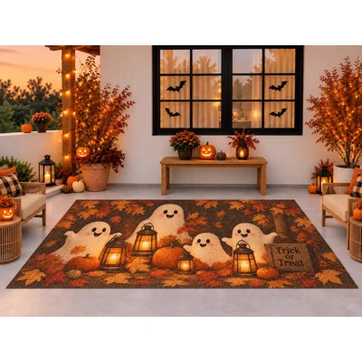 5' x 7' Outdoor Area Rug, Cute Ghosts Pumpkins Lanterns Halloween Pattern, Waterproof PVC Coil Loop Carpet, Heavy Duty Quick Dry Mat for Porch Deck Ba | Wayfair North America