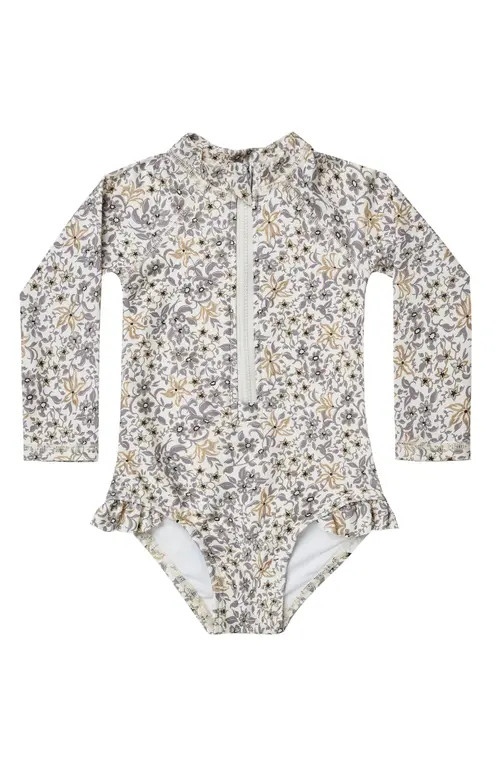 Rylee + Cru Kids' Floral One-Piece Rashguard Swimsuit in Blue-Floral at Nordstrom, Size 12-18M | Nordstrom