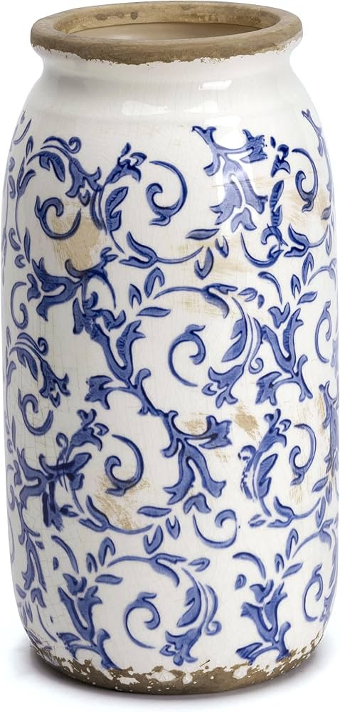 VICTOR & TERESA Rustic Large Blue and White Vase for Home Decor, 10'' Tall Ceramic Vases for Flow... | Amazon (US)