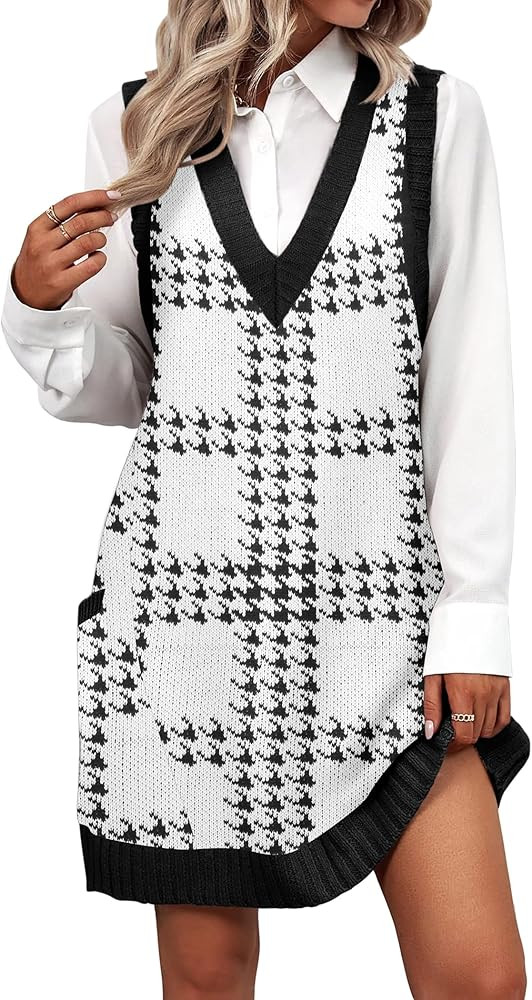 Zeagoo Womens Sweater Vest Dress Pattern Knitted Pullovers Sweaters V Neck Tank Sweater Dress wit... | Amazon (US)
